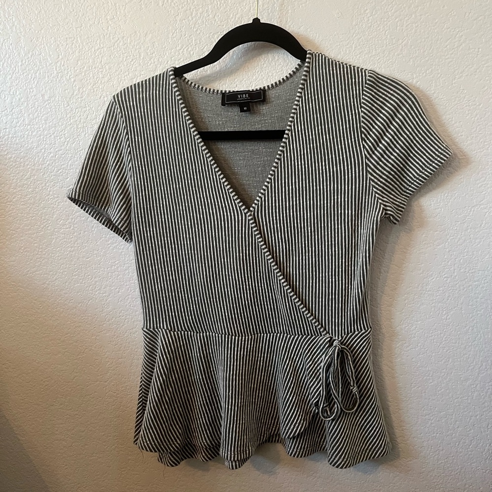 Vibe Black and White Striped Peplum Top